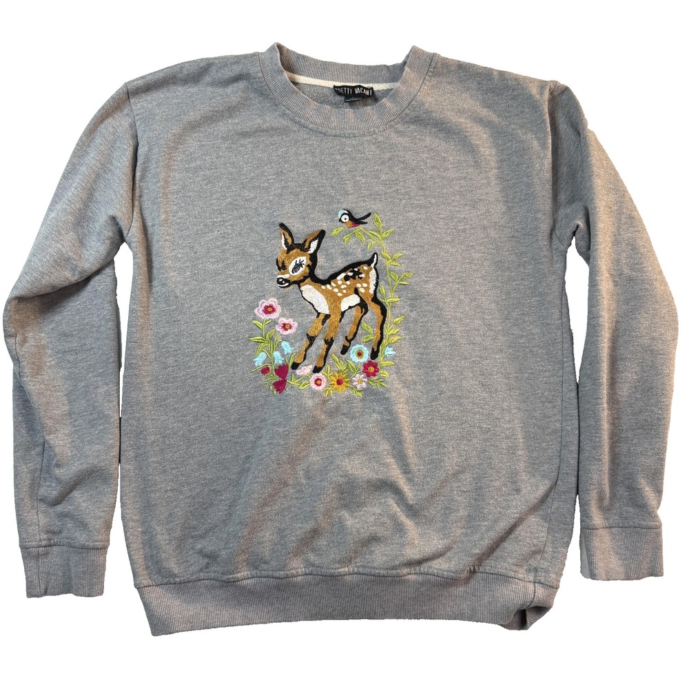 Vintage Deer Floral Embroidered Sweater Womens S Gray Cottagecore Pretty Vacant